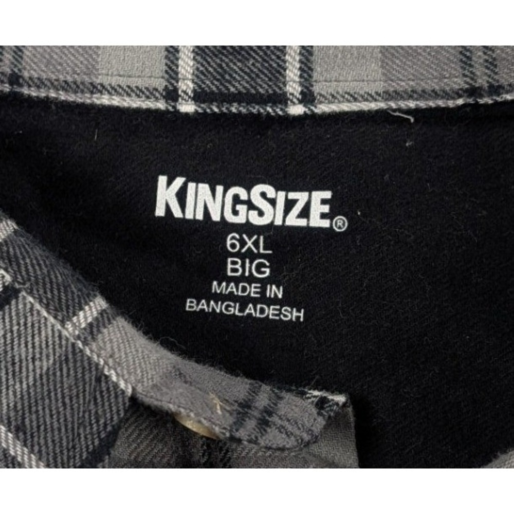 KingSize Mens 6XL Long Sleeve Flannel Shirt Grey Black Plaid Button Down Pocket - Picture 3 of 10
